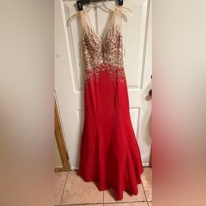Red Beaded Evening Gown with Gold Embellished Bodice used once